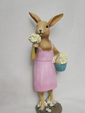 Easter Bunny Figurine in Pink Dress Holding Flowers